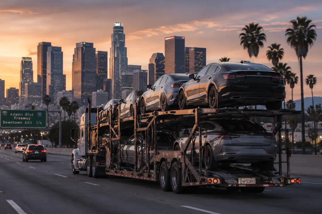 Car-transport carrier picking up a vehicle for door-to-door shipping in Los Angeles, CA.