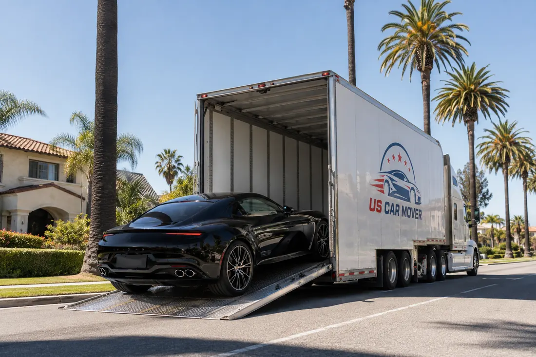 Vehicle secured on an auto-transport trailer for delivery in the Los Angeles, CA metro.
