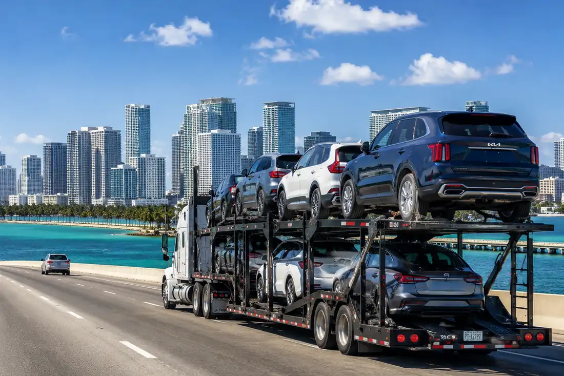 Car-transport carrier picking up a vehicle for door-to-door shipping in Miami, FL.