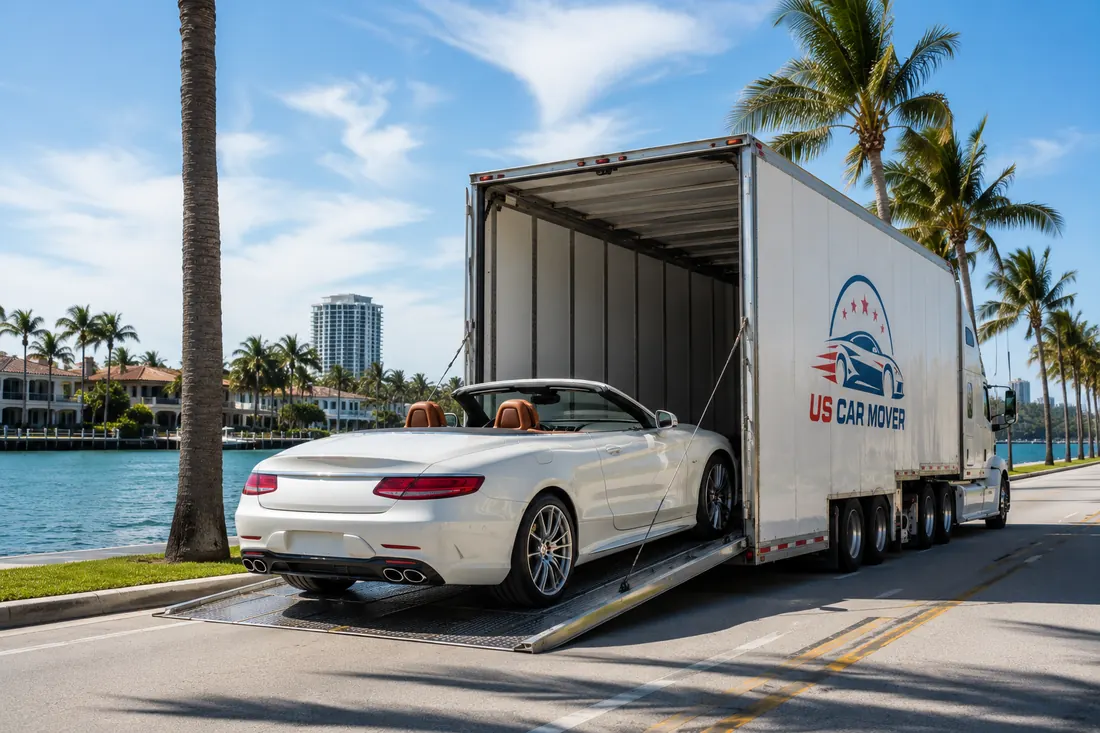 Vehicle secured on an auto-transport trailer for delivery in the Miami, FL metro.