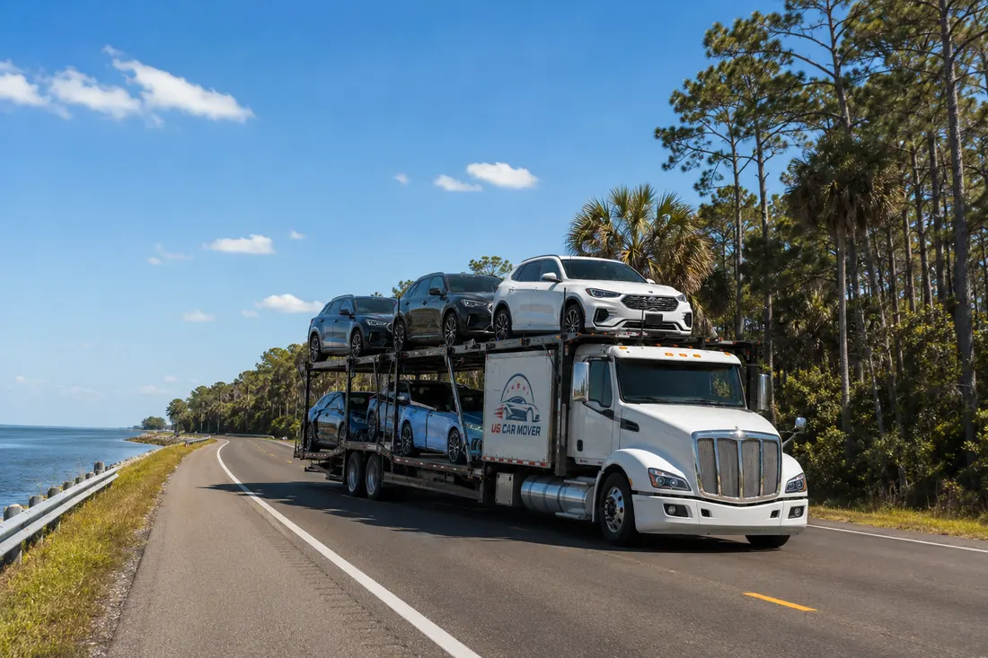 Open auto-transport carrier loaded with vehicles for the Texas to Florida route, door to door.