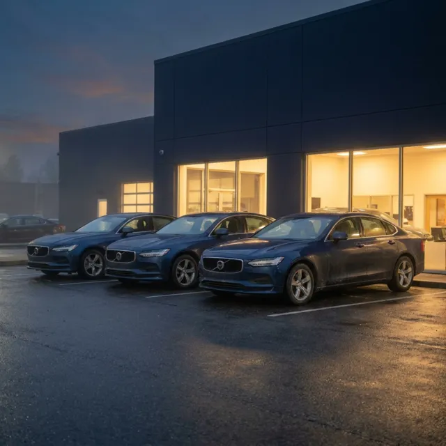 Sedans lined up outside a dealership at dusk