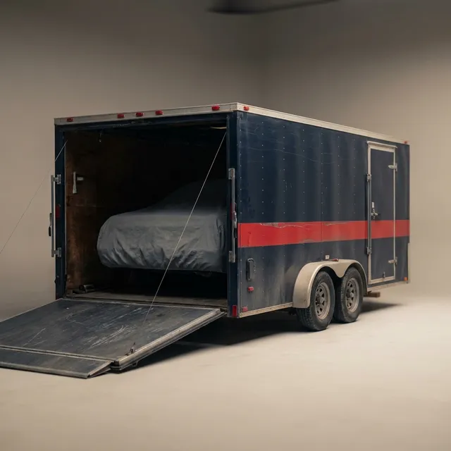 Enclosed auto transport trailer with the rear ramp open