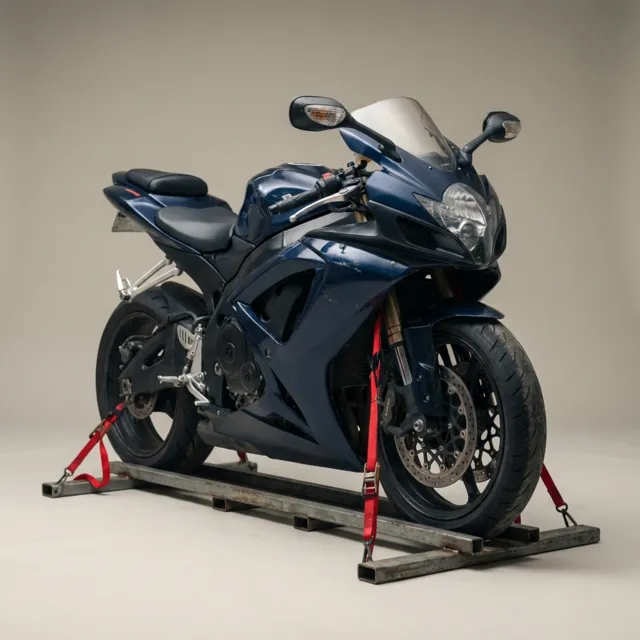 Motorcycle secured upright in a transport cradle with soft straps