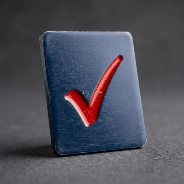 Navy metal plaque with an embossed red check mark