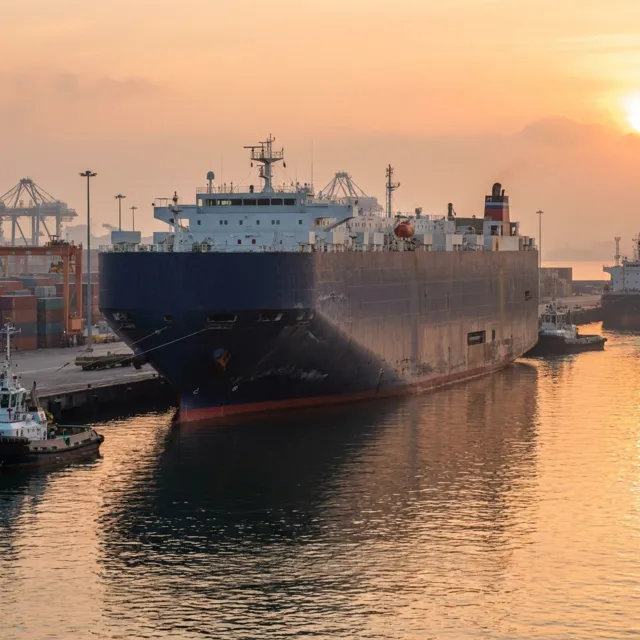 Roll-on roll-off vehicle carrier ship docked at port