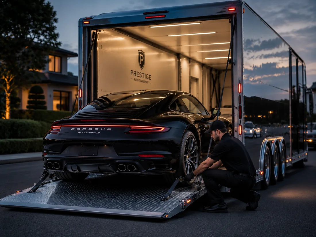 Luxury vehicle being loaded into a covered enclosed transport trailer