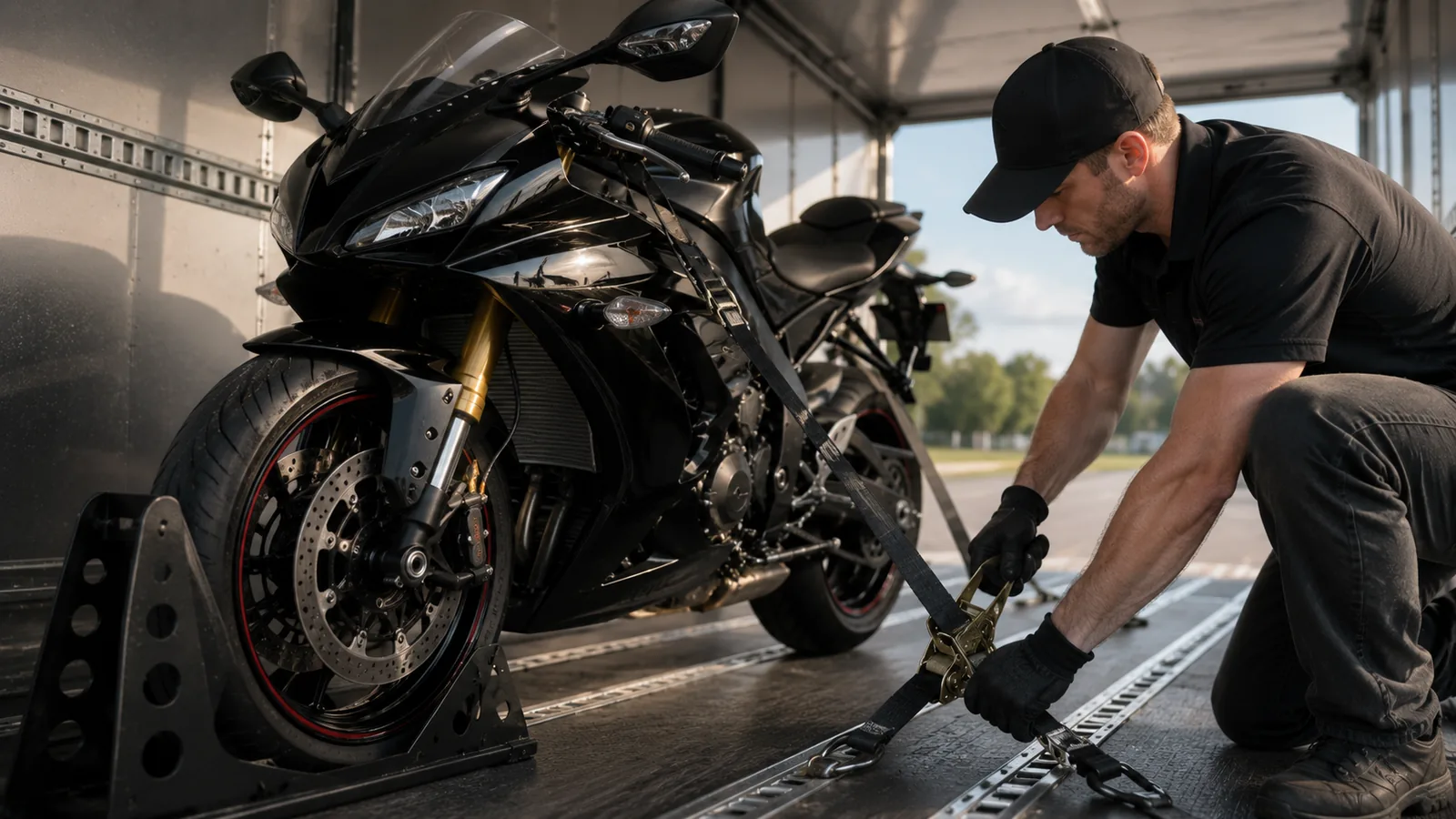A motorcycle secured with soft straps inside an enclosed transport trailer