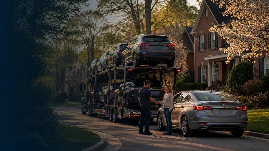 Car-transport carrier picking up a vehicle for door-to-door shipping in Atlanta, GA.