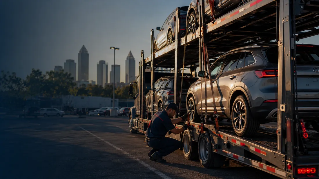 Vehicle secured on an auto-transport trailer for delivery in the Atlanta, GA metro.