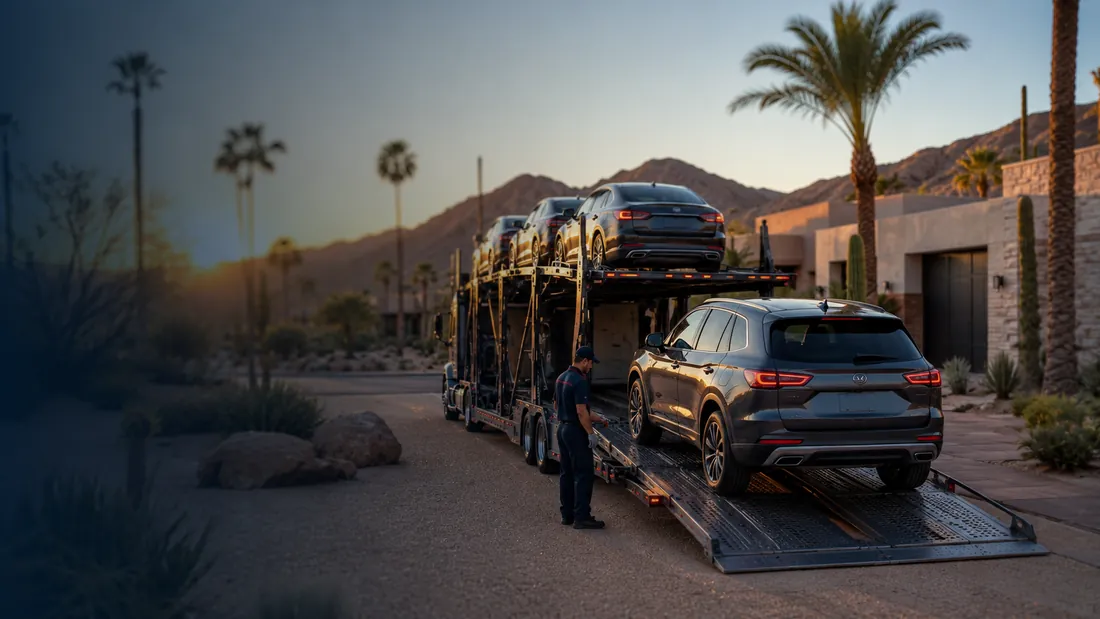 Car-transport carrier picking up a vehicle for door-to-door shipping in Phoenix, AZ.
