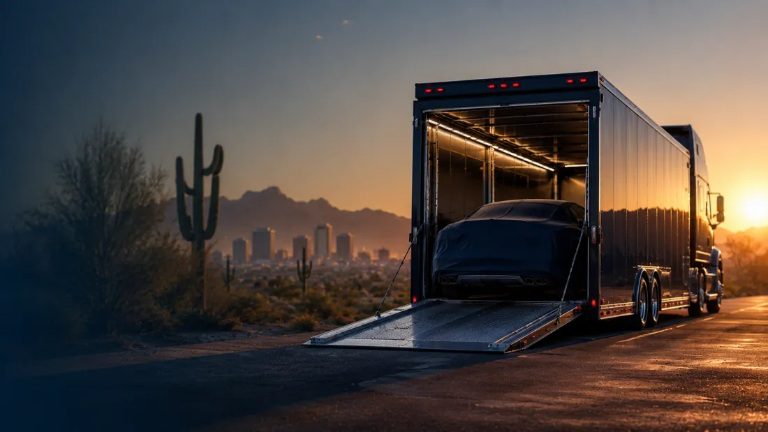 Vehicle secured on an auto-transport trailer for delivery in the Phoenix, AZ metro.