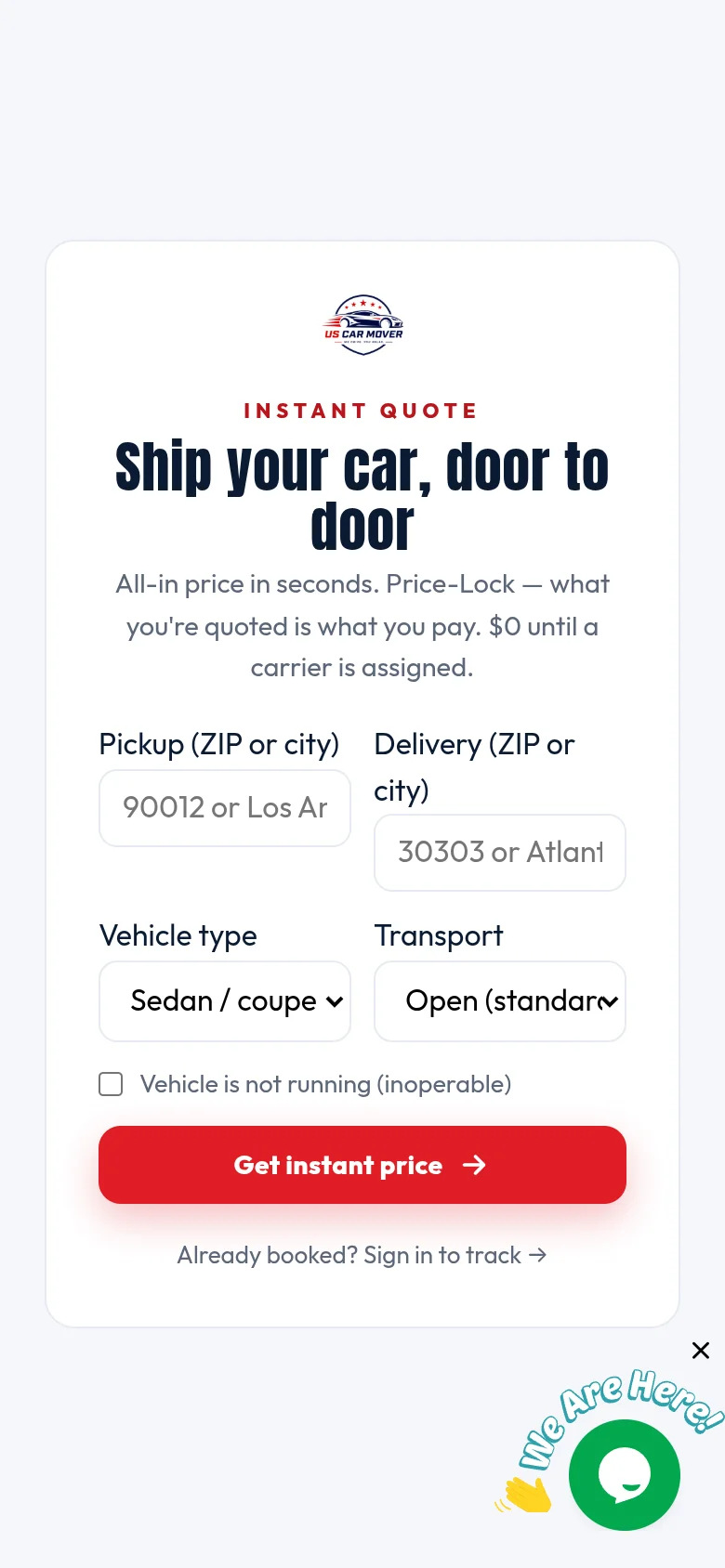 US Car Mover app instant quote on mobile - all-in price in seconds with Price-Lock