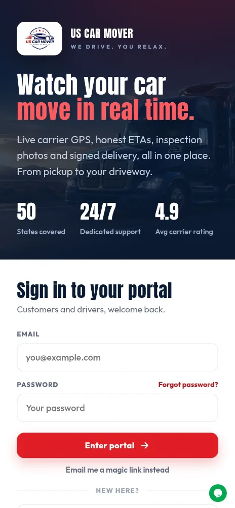 US Car Mover tracking app on a phone - live carrier GPS, honest ETAs and inspection photos