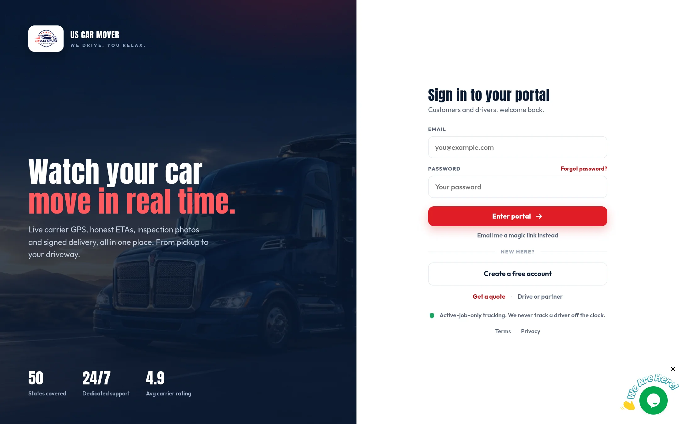 US Car Mover customer and carrier portal on desktop - live shipment tracking